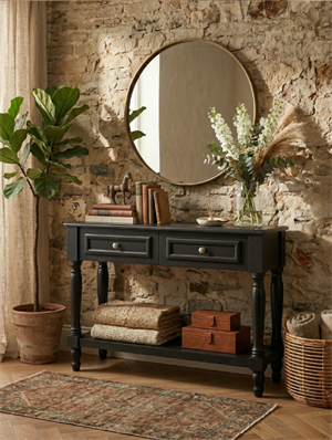 Woodenbend Nirvana Mat Lake Siyah Dresuar 110 cm | Modern 2 Çekmeceli Torna Ayaklı Şık Antre Konsolu