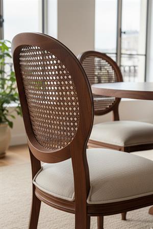Woodenbend Orlando Ceviz Rengi Yuvarlak Masa Takımı 100 cm – 4 Doğal Hazeranlı Kayın Sandalye, Sabit Ahşap