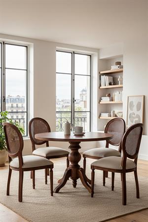 Woodenbend Orlando Ceviz Rengi Yuvarlak Masa Takımı 100 cm – 4 Doğal Hazeranlı Kayın Sandalye, Sabit Ahşap