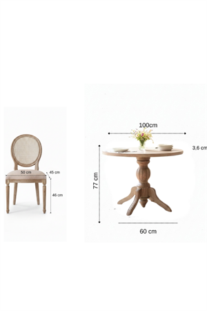 Woodenbend Orlando Eskitme Rengi Yuvarlak Masa Takımı 100 cm – 4 Doğal Hazeranlı Kayın Sandalye, Sabit Ahşap