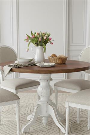 Woodenbend Orlando Shabby Chic Tarzı Beyaz Masa Takımı – Ceviz Rengi Tablalı 110 cm, 4 Döşemeli Kayın Sandalye