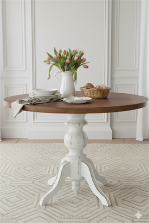 Woodenbend Orlando Shabby Chic Tarzı Beyaz Masa Takımı – Ceviz Rengi Tablalı 100 cm, 4 Döşemeli Kayın Sandalye