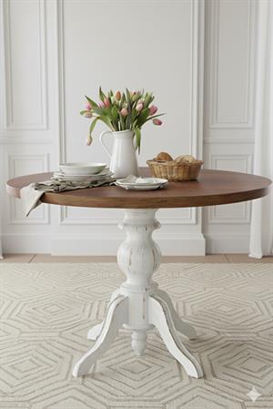 Woodenbend Orlando Shabby Chic Tarzı Beyaz Masa Takımı – Ceviz Rengi Tablalı 110 cm, 4 Döşemeli Kayın Sandalye