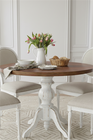 Woodenbend Orlando Shabby Chic Tarzı Beyaz Masa Takımı – Ceviz Rengi Tablalı 100 cm, 4 Döşemeli Kayın Sandalye