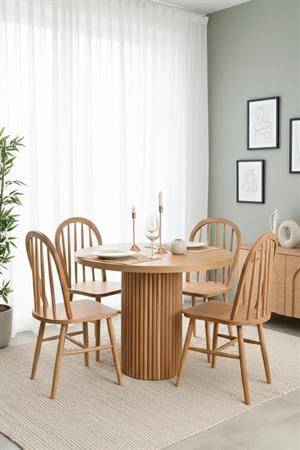 Woodenbend Oslo Yuvarlak Natural 100 cm Ahşap Yemek Masası Takımı – Hazeran Sandalyeli 4 Kişilik Masa Seti