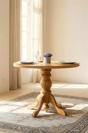 Woodenbend Pafi 100 cm Yuvarlak Natural Ahşap Yemek Masası Takımı – 4-6 Kişilik Döşemeli Sandalyeli Modern İskandinav ve Bohem Masa Seti