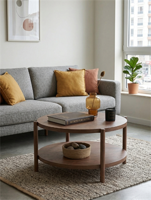 Woodenbend Milano Ceviz Renk Yuvarlak Orta Sehpa 98 cm – Çift Katlı Doğal Ahşap Modern İskandinav Country Tasarım