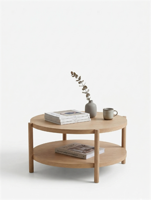 Woodenbend Milano Natural Yuvarlak Orta Sehpa 98 cm – Raflı Doğal Ahşap Modern İskandinav Tasarım Sehpa