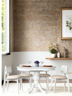 Woodenbend Ronya Beyaz Ahşap Hazeranlı Oval Açılır Masa Sandalye Takımı 80x120