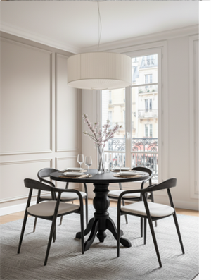 Woodenbend Tonga Siyah Mat Lake 100x100 Yuvarlak Masa Takımı – 4 Kayın Sandalyeli İskandinav Modern