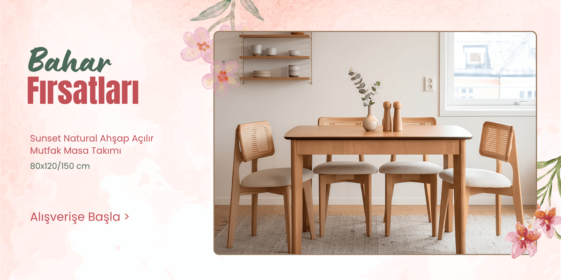 Sunset Natural Ahşap Açılır Mutfak Masa Takımı 80x120 cm