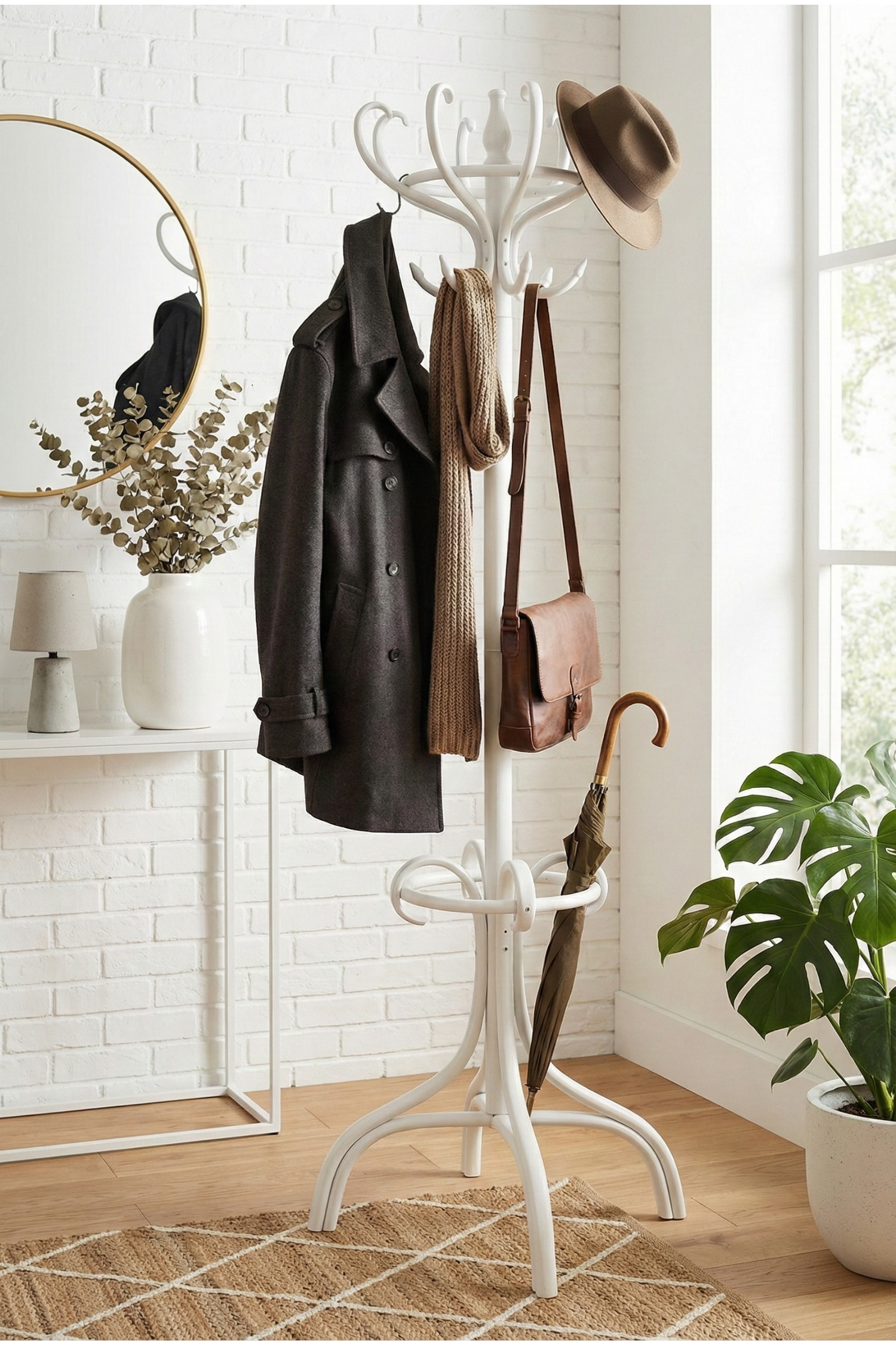 Class Beyaz Ahşap Ayaklı 8'li Thonet Askılık – Beyaz Ahşap Gövdeli Modern Vestiyer Askılık