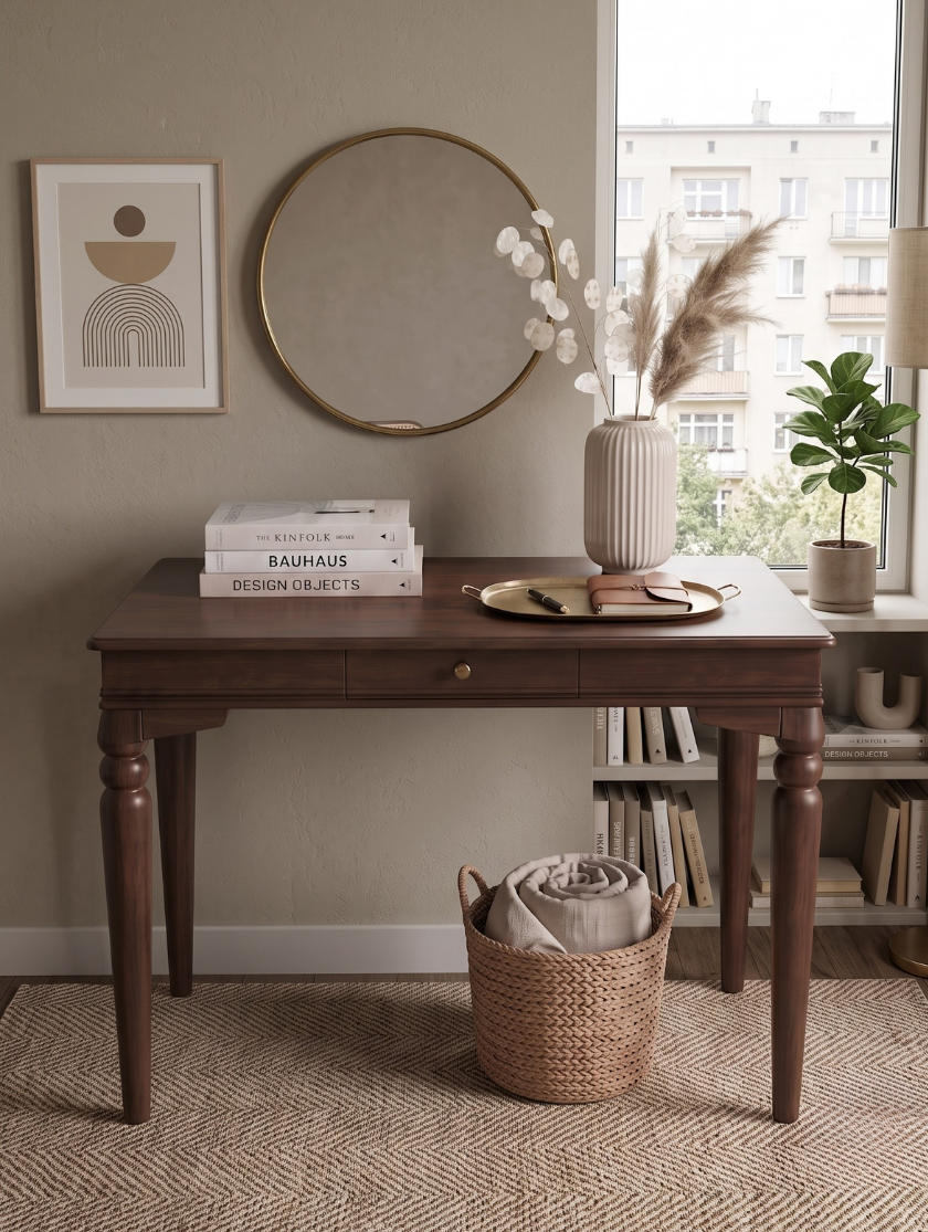 woodenbend, Elora Ceviz Çalışma Masası 70x110 cm | Klasik Ahşap Kayın Ayaklı Tek Çekmeceli Masa