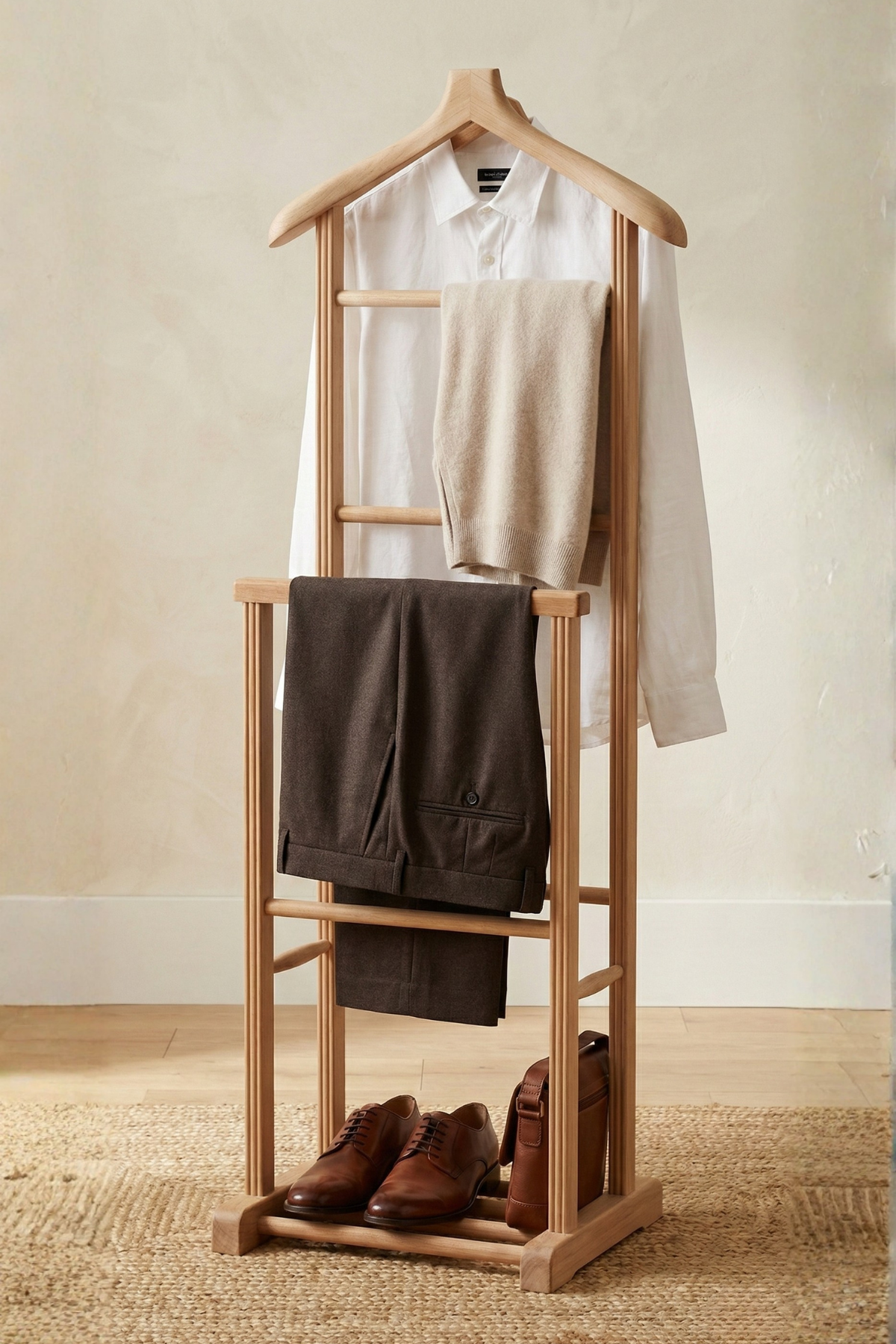 Servant Natural  Ahşap Çiftli Dilsiz Uşak 50x34x130 cm – Doğal Ahşap Elbise, Ceket & Takım Elbise Askılığı 