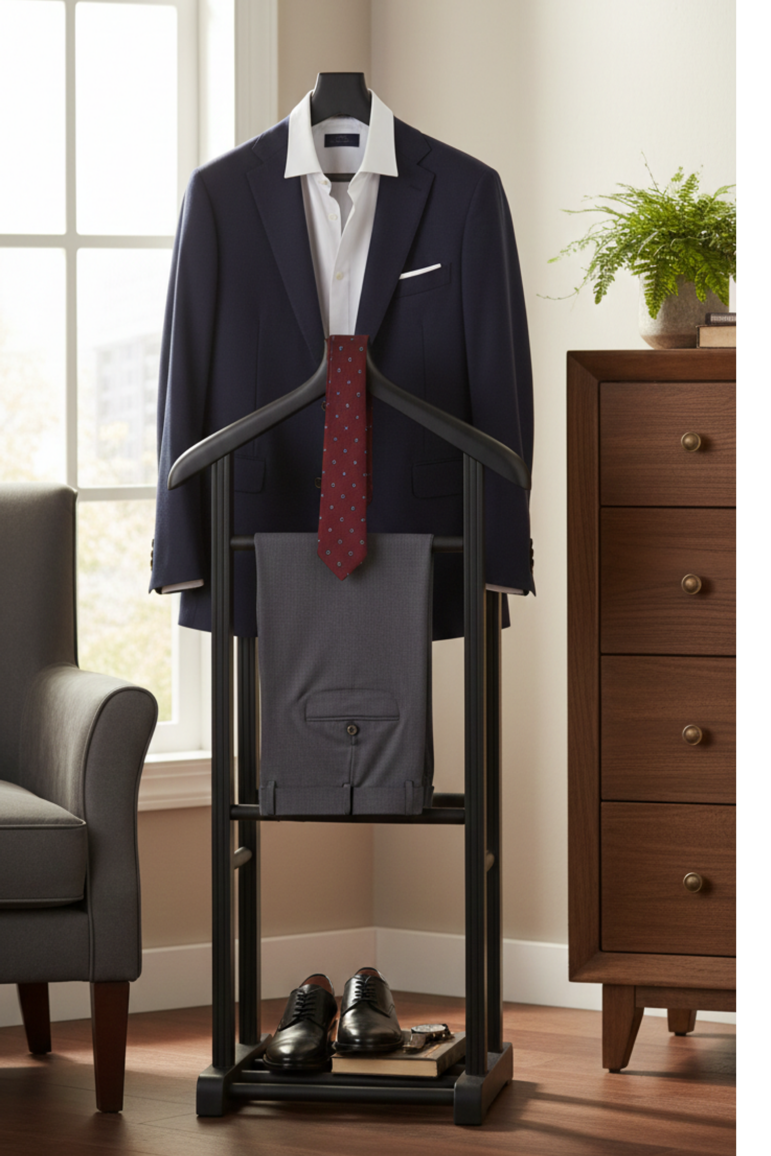 Stone Çift Tepeli Dilsiz Uşak Siyah 50x34x130 cm | Modern Ahşap Elbise Askılığı & Vestiyer Standı