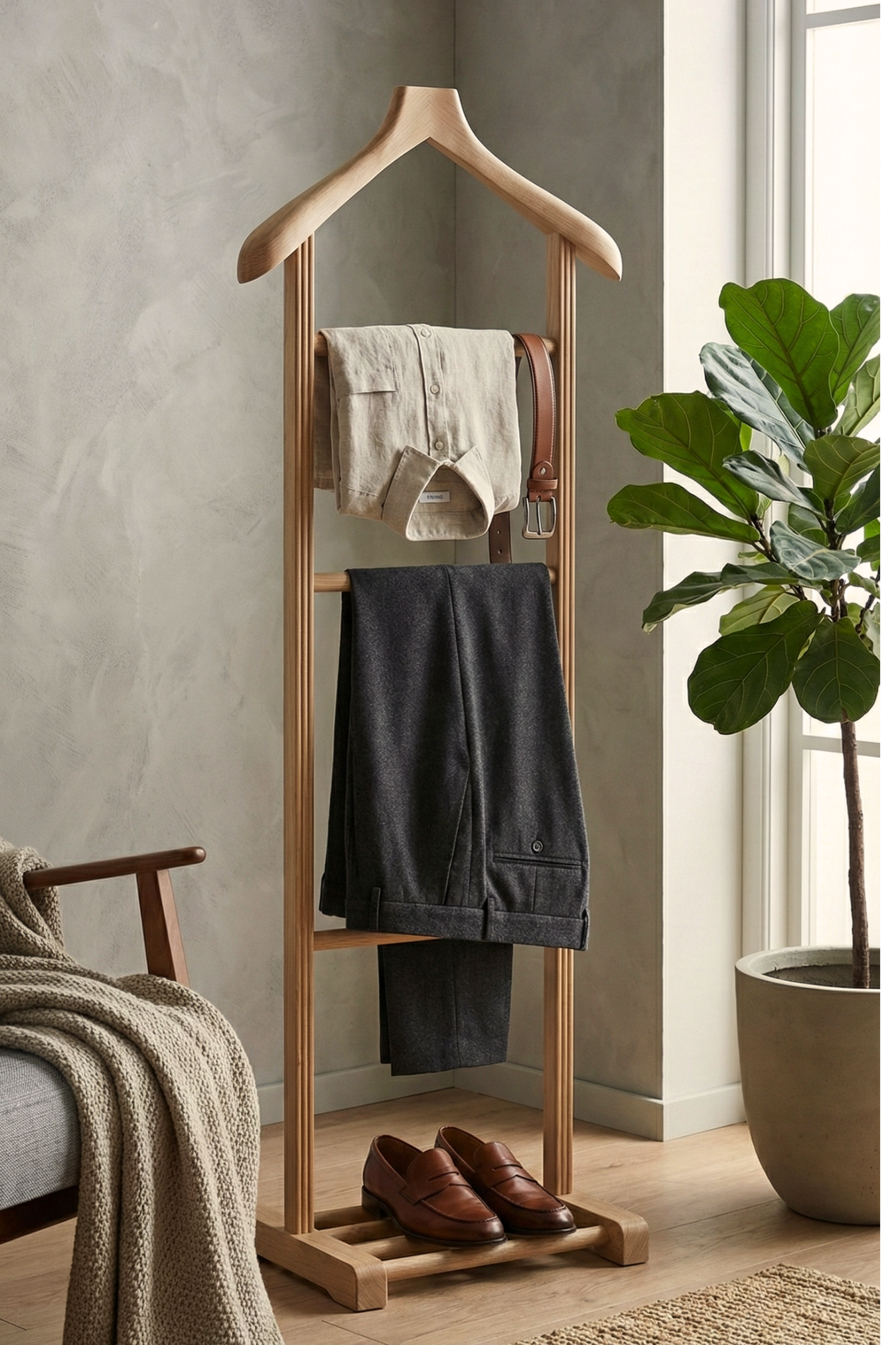 Stone Tekli Dilsiz Uşak Naturel – Masif Kayın Ağacı Modern Ahşap Elbise Askılığı & Ceket Pantolon Askı Standı (130x50x34 cm)