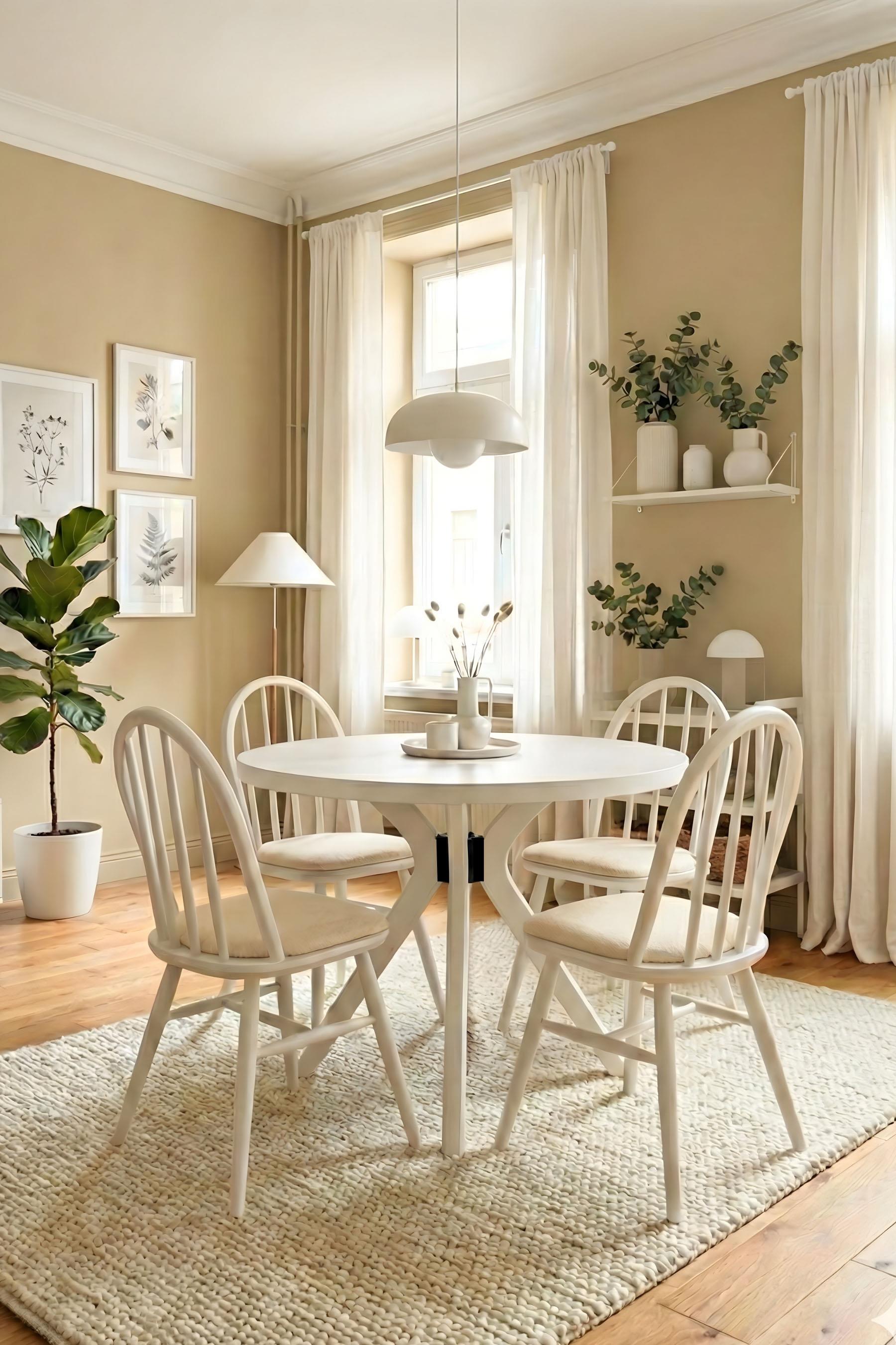 Woodenbend Alex Beyaz Yuvarlak 100 cm Ahşap Yemek Masası Takımı – Amerikan Sandalyeli 4 Kişilik Masa Seti