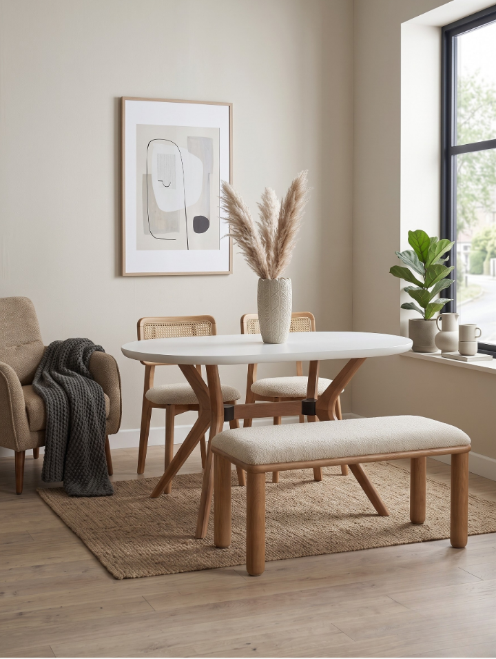Woodenbend Arlen Beyaz Naturel Oval Benchli Yemek Masası Takımı 80x130 cm
