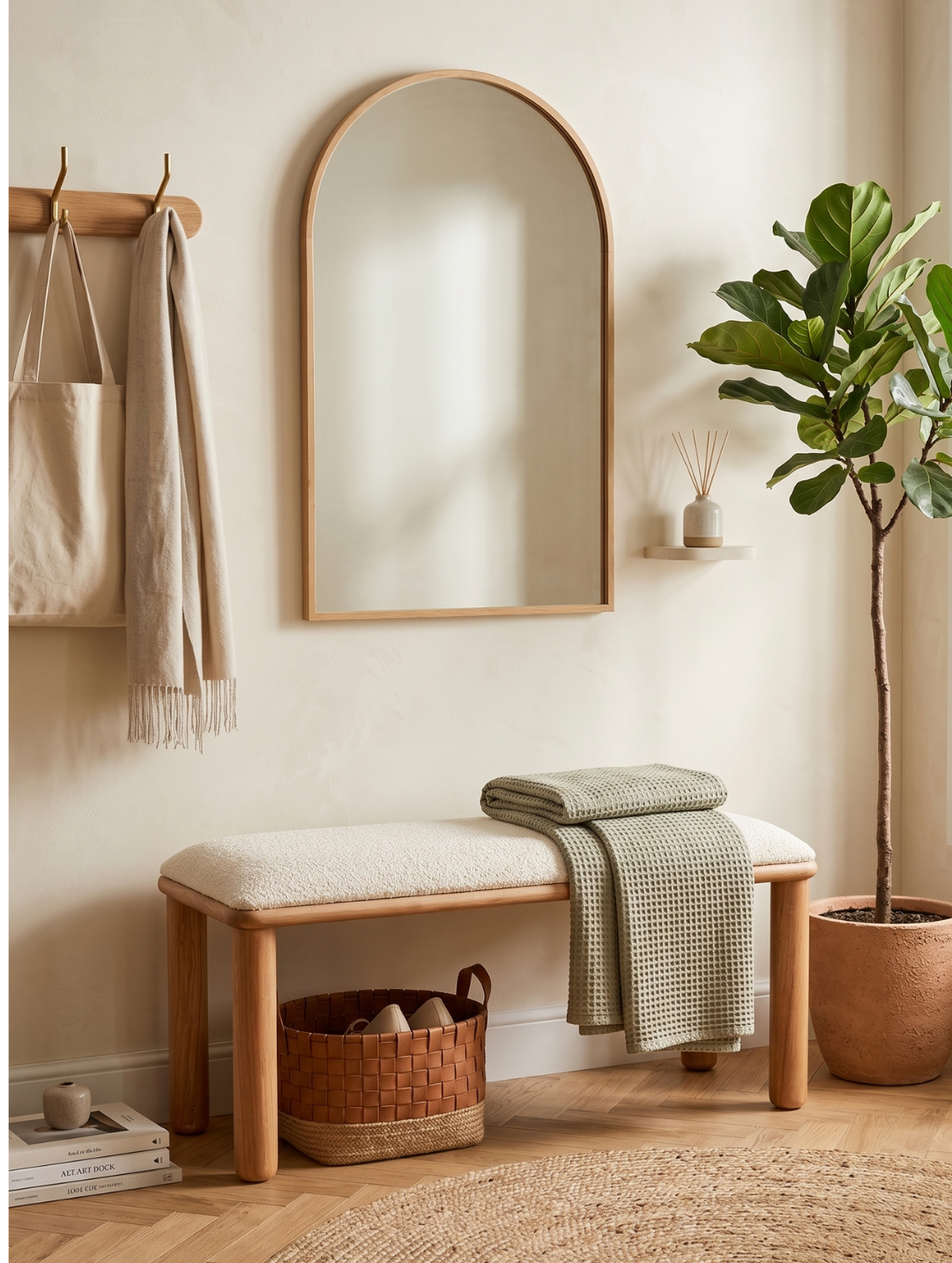 Woodenbend Arya Natural Ahşap Bench | Bohem & İskandinav Teddy Kumaş Bench