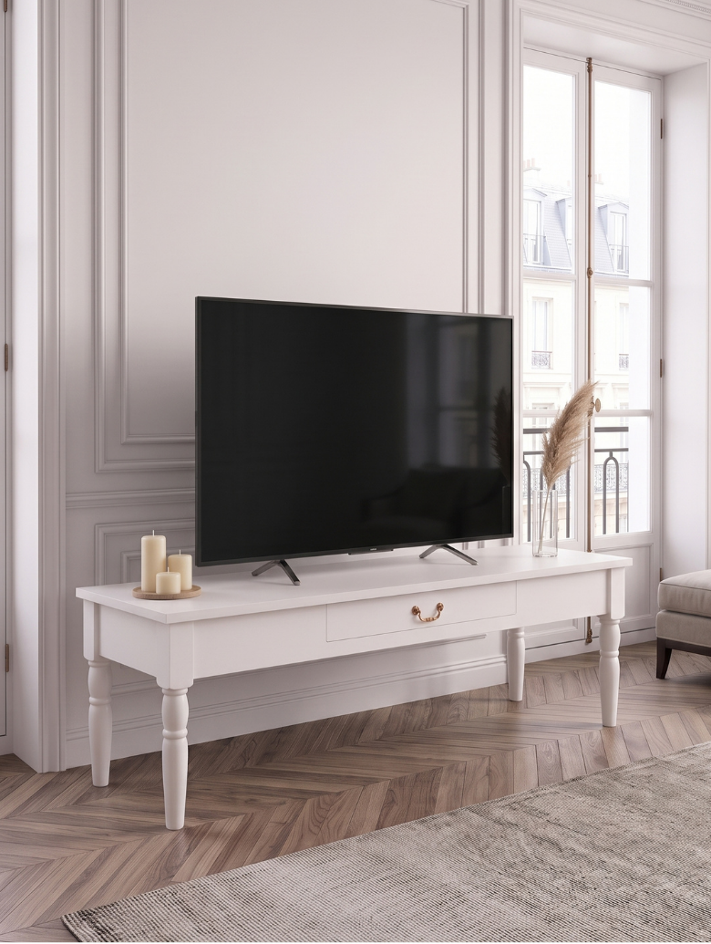 woodenbend, Woodenbend Carmen Beyaz TV Sehpası | 160 cm Ahşap Ayaklı Klasik Country TV Ünitesi