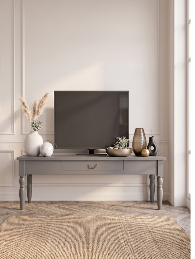 woodenbend, Woodenbend Carmen Gri TV Sehpası | 160 cm Ahşap Ayaklı Klasik Country TV Ünitesi