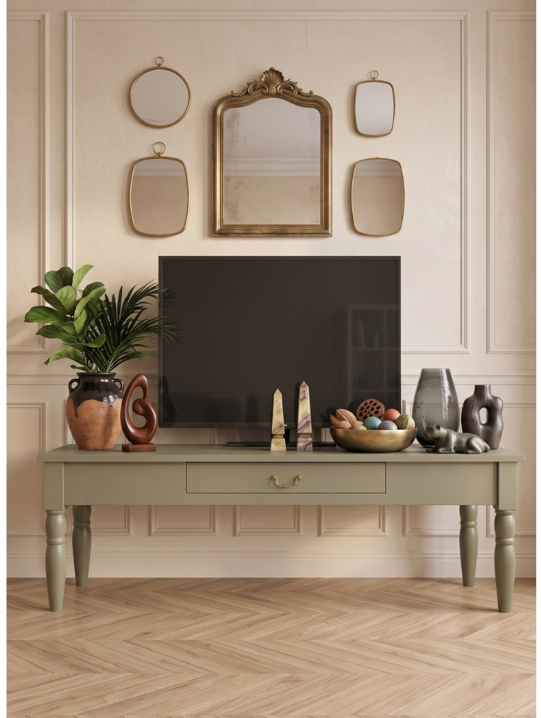 woodenbend, Woodenbend Carmen Haki TV Sehpası | 160 cm Ahşap Ayaklı Klasik Country TV Ünitesi