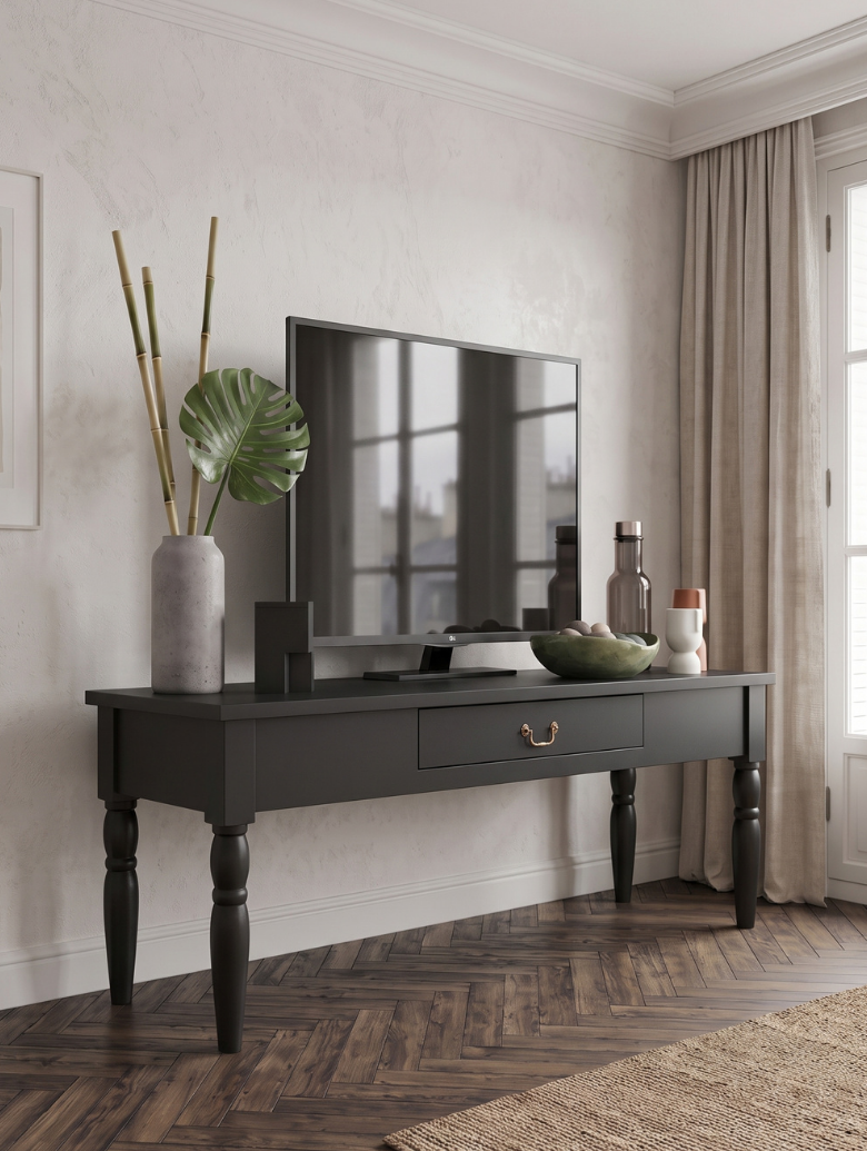 woodenbend, Woodenbend Carmen Siyah TV Sehpası | 160 cm Klasik Country Tarz Lake Boyalı Torna Ayaklı TV Ünitesi