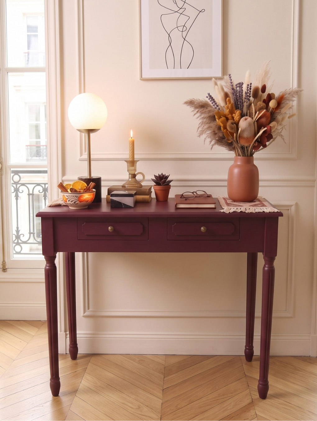 woodenbend, Woodenbend Darika Mat Lake Bordo Ahşap Dresuar 100 cm | Klasik Country Kayın Ayaklı 2 Çekmeceli Antre & Salon Dresuarı