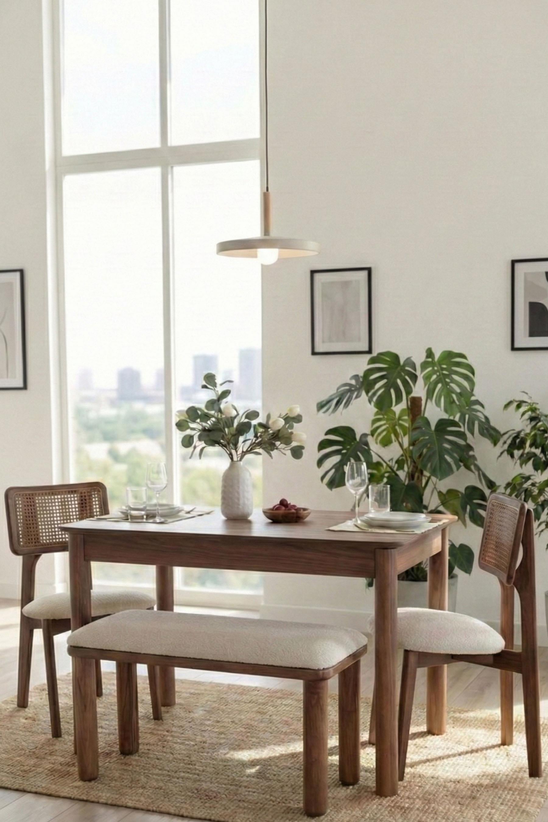 Woodenbend Elena Ceviz Ahşap Açılır Mutfak Masa Takımı 80x120 cm – Bench + 2 Hazeranlı Sandalyeli Vintage Masa Takımı