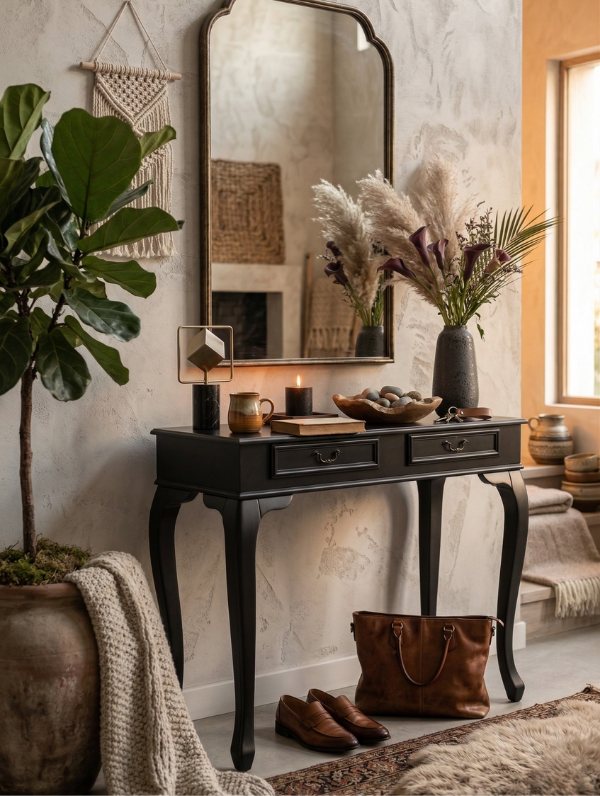 Woodenbend Estela Siyah Dresuar 2 Çekmeceli Antre Konsolu Rustik Country Şık Salon Dresuar Modeli