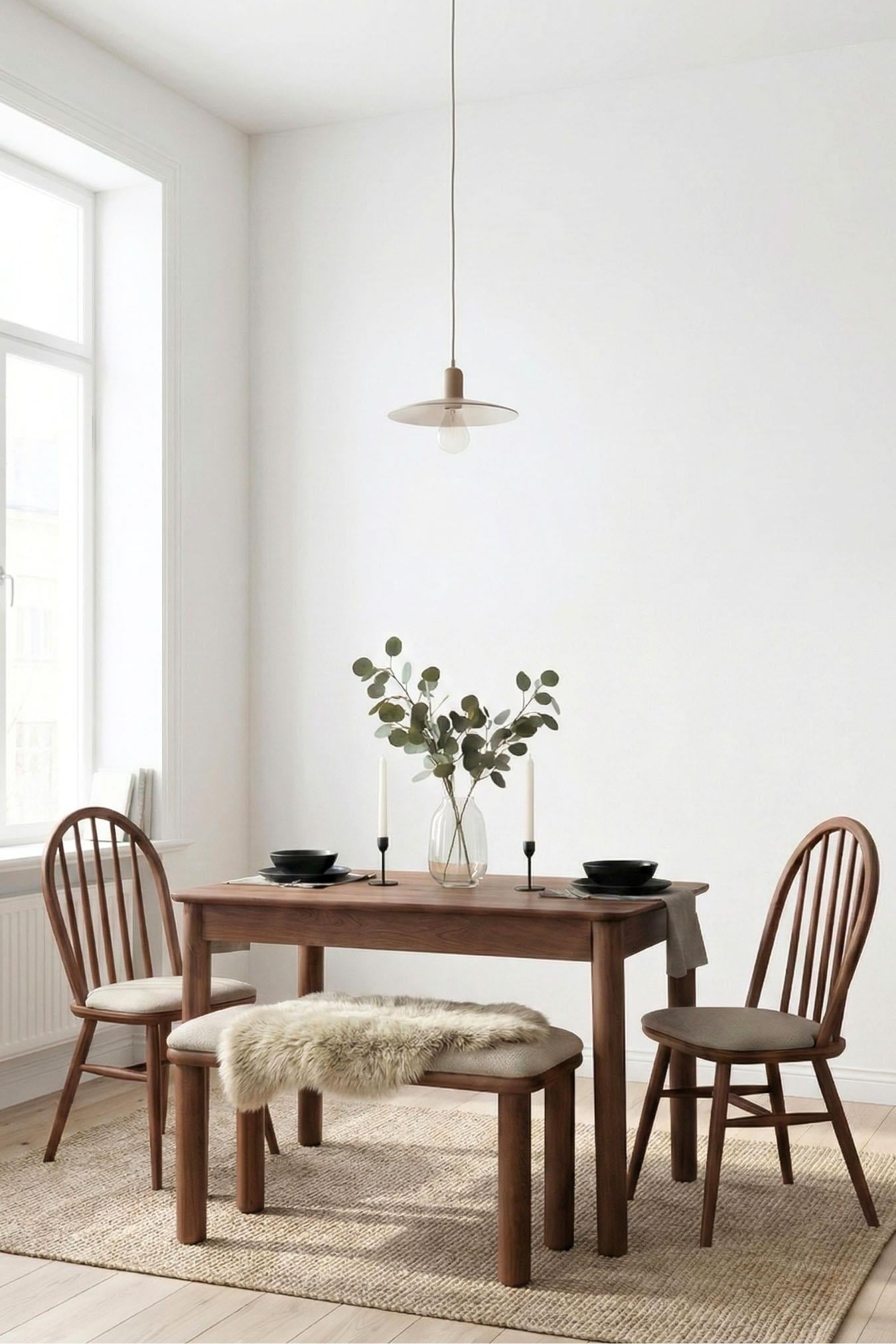 Woodenbend Freya Ceviz Ahşap Açılır Mutfak Masa Takımı 80x120 cm – Bench + 2 Amerikan Sandalyeli Vintage Tasarım