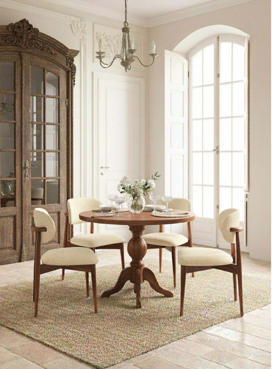 Woodenbend Kraunt Ceviz Yuvarlak Ahşap Masa Takımı 100x100 cm – 4 Sandalyeli Modern İskandinav