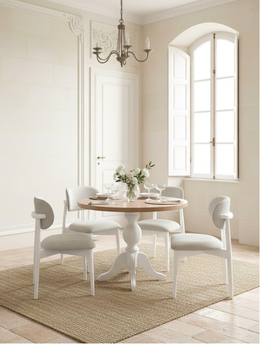 Woodenbend Kraunt Natural Yuvarlak Ahşap Masa Takımı 100x100 cm – 4 Beyaz Sandalyeli Modern İskandinav