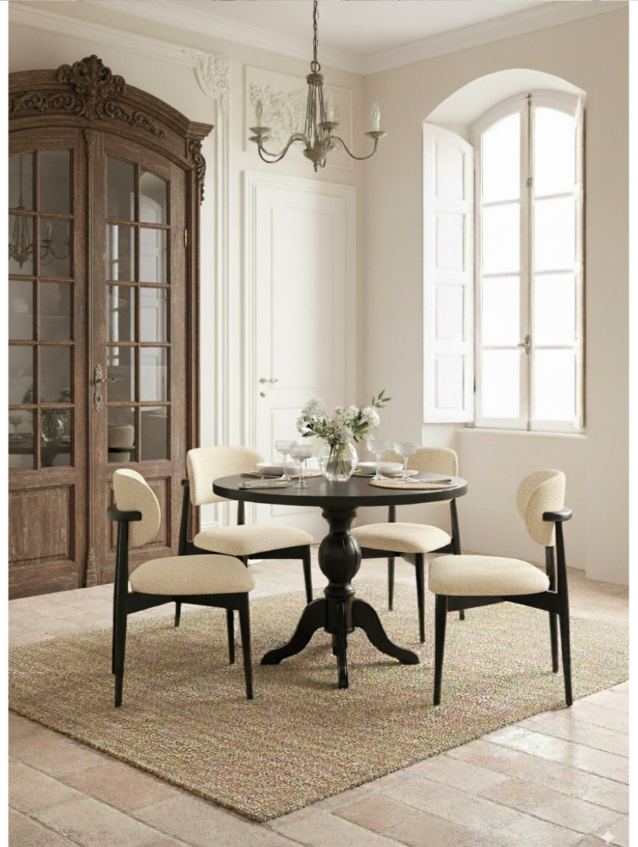 Woodenbend Kraunt Siyah Yuvarlak Ahşap Masa Takımı 100x100 cm – 4 Siyah Sandalyeli Modern İskandinav