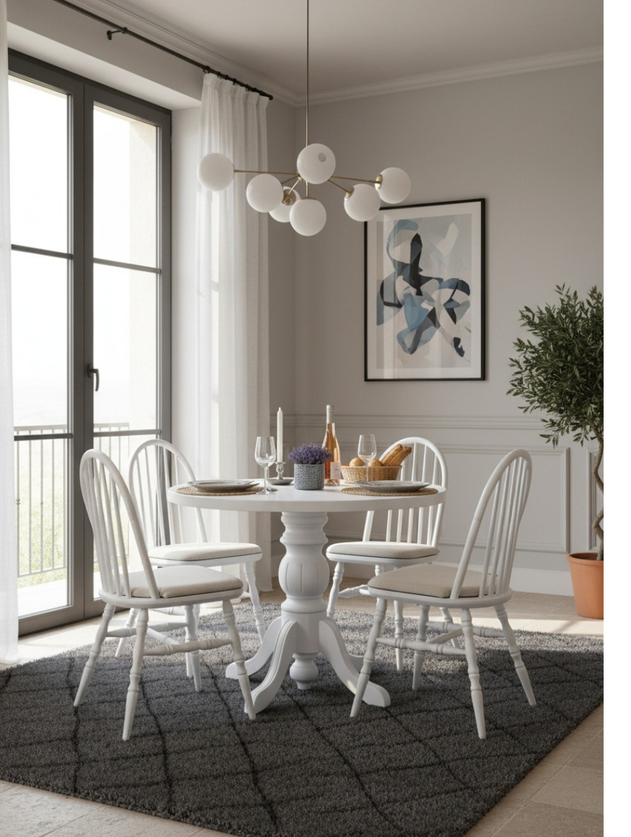 Woodenbend Laura Beyaz Lake Yuvarlak Ahşap Masa Takımı 100x100 cm – 4 Sandalyeli Modern İskandinav