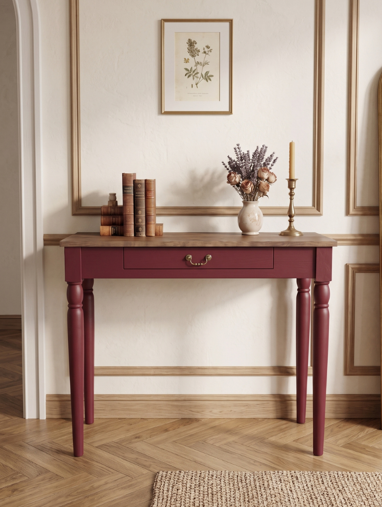 woodenbend, Woodenbend Marine Bordo Masif Dresuar 100x38x80 cm | Klasik Ahşap Antre ve Hol Dresuarı