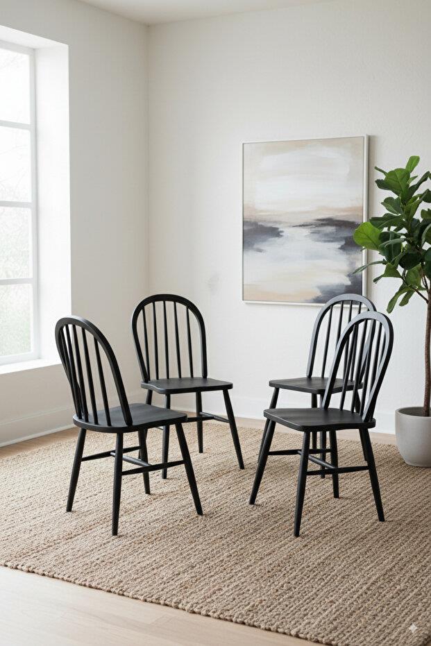 Woodenbend Milena Siyah Kayın Ağacı Sandalye 4'lü Set – Mat Lake İskandinav Modern Tasarım
