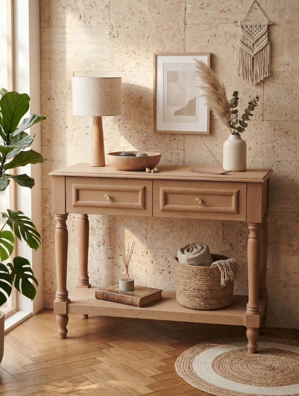 Woodenbend Naturel Ceviz Dresuar 2 Çekmeceli Antre Konsolu Torna Ayaklı Country Şık Salon Dresuar Modeli