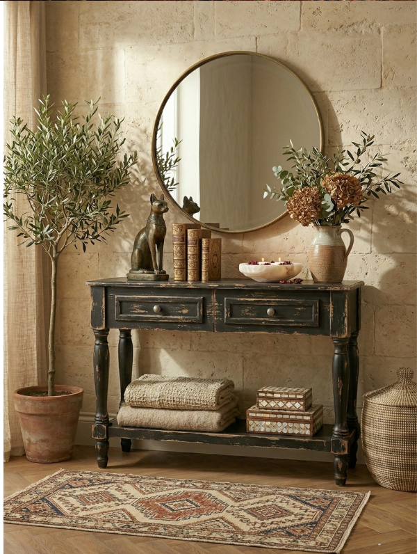 Woodenbend Nirvana Antik Siyah Eskitme Dresuar 2 Çekmeceli Antre Konsolu Torna Ayaklı Country Şık Salon Dresuar Modeli