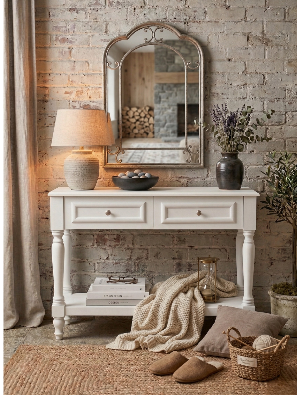 Woodenbend Nirvana Beyaz Dresuar 2 Çekmeceli Antre Konsolu Torna Ayaklı Country Şık Salon Dresuar Modeli