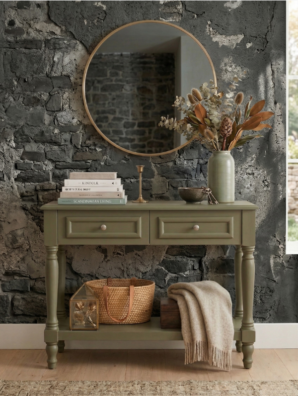 Woodenbend Nirvana Haki Yeşil Dresuar 2 Çekmeceli Antre Konsolu Torna Ayaklı Country Şık Salon Dresuar Modeli