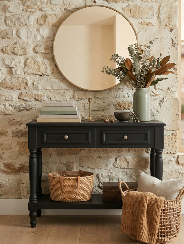 Woodenbend Nirvana Siyah Dresuar 2 Çekmeceli Antre Konsolu Torna Ayaklı Country Şık Salon Dresuar Modeli