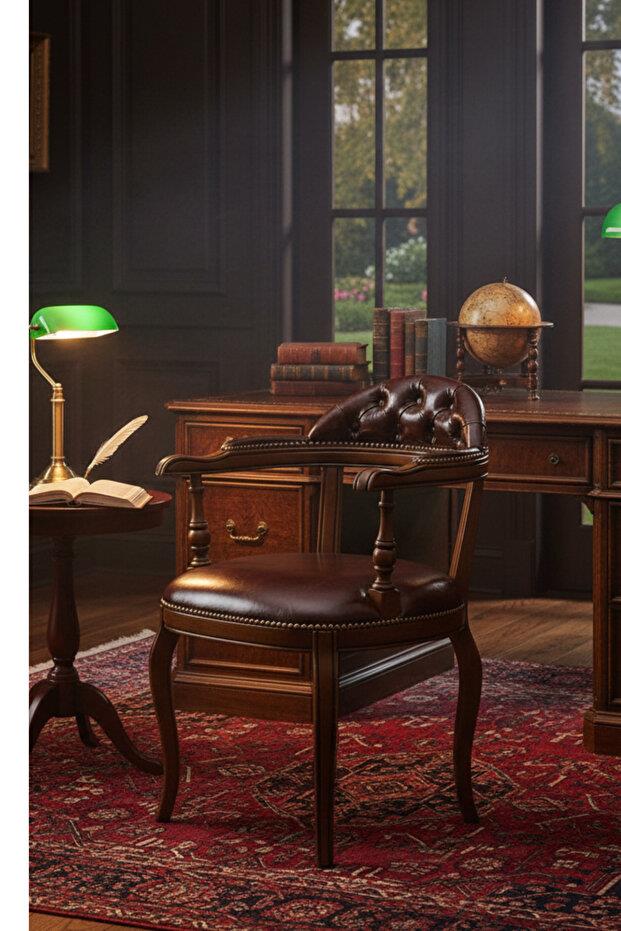 Woodenbend Orin Ceviz Rengi Kapitone Suni Deri Kolçaklı Sandalye – Kayın İskelet Zamansız Stil