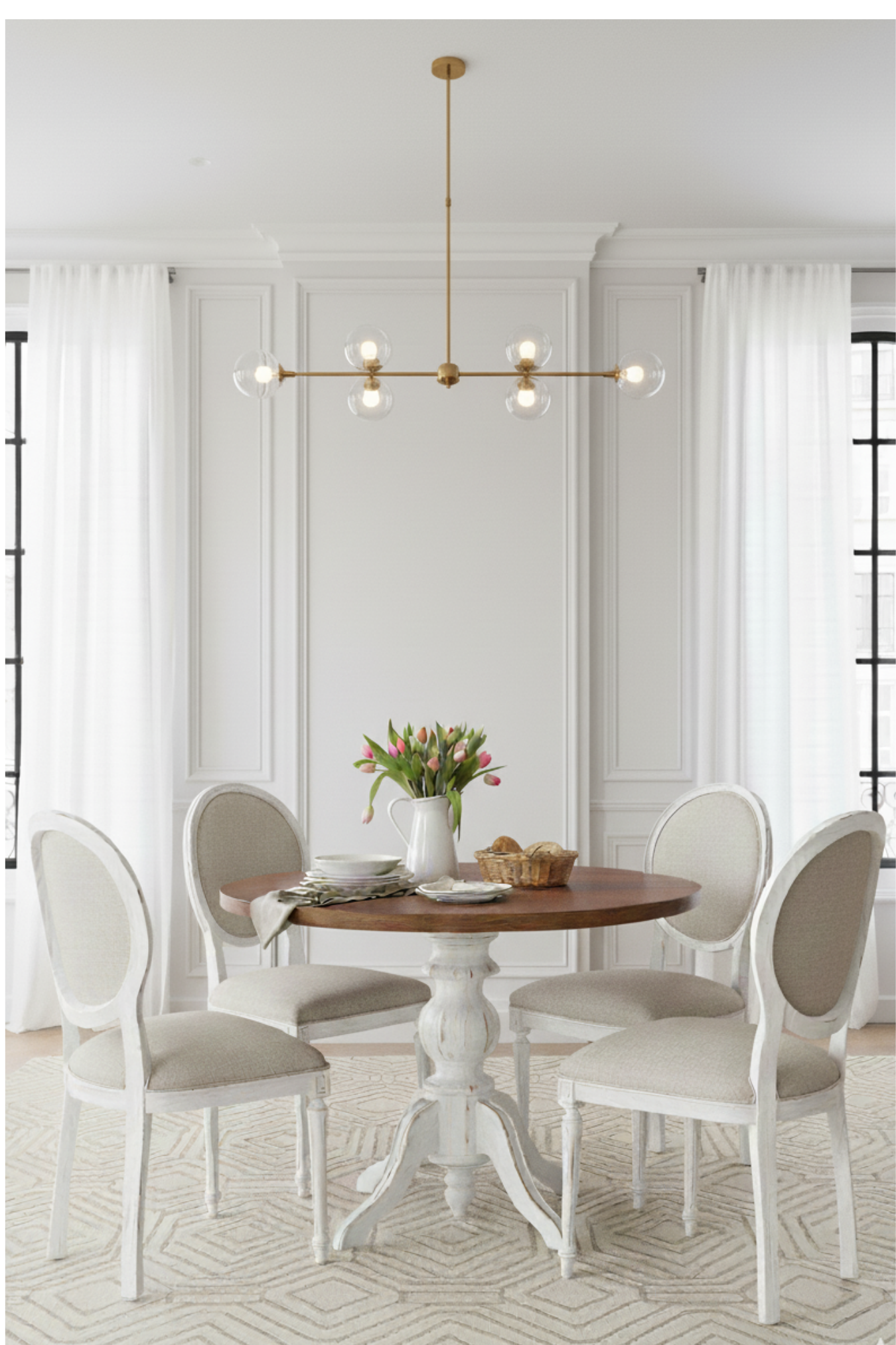 Woodenbend Orlando Shabby Chic Tarzı Beyaz Masa Takımı – Ceviz Rengi Tablalı 110 cm, 4 Döşemeli Kayın Sandalye