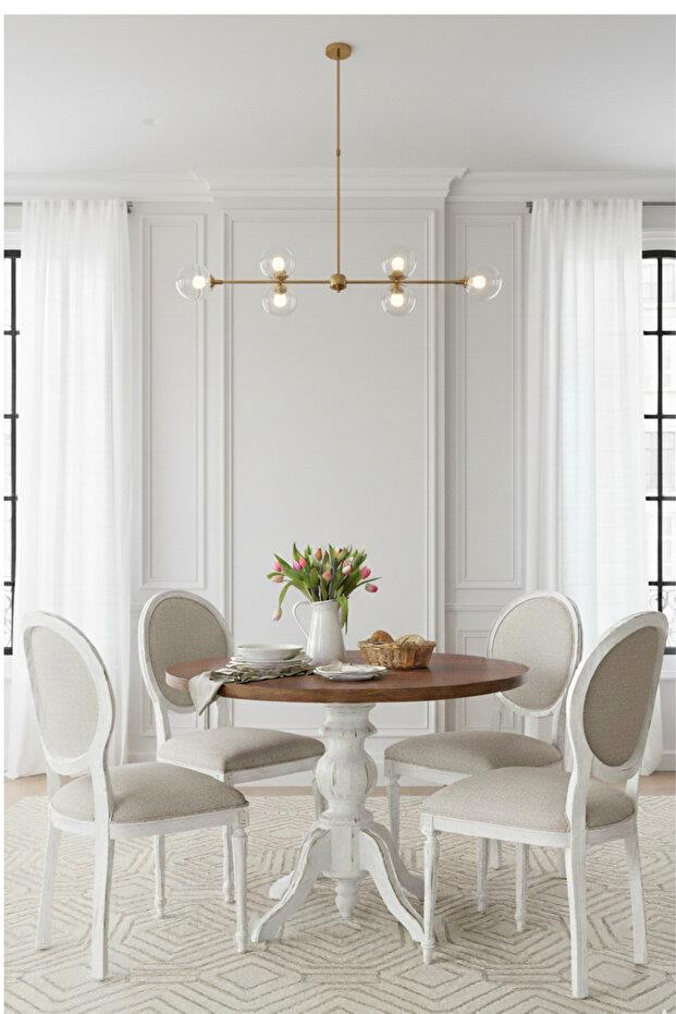 Woodenbend Orlando Shabby Chic Tarzı Beyaz Masa Takımı – Ceviz Rengi Tablalı 110 cm, 4 Döşemeli Kayın Sandalye