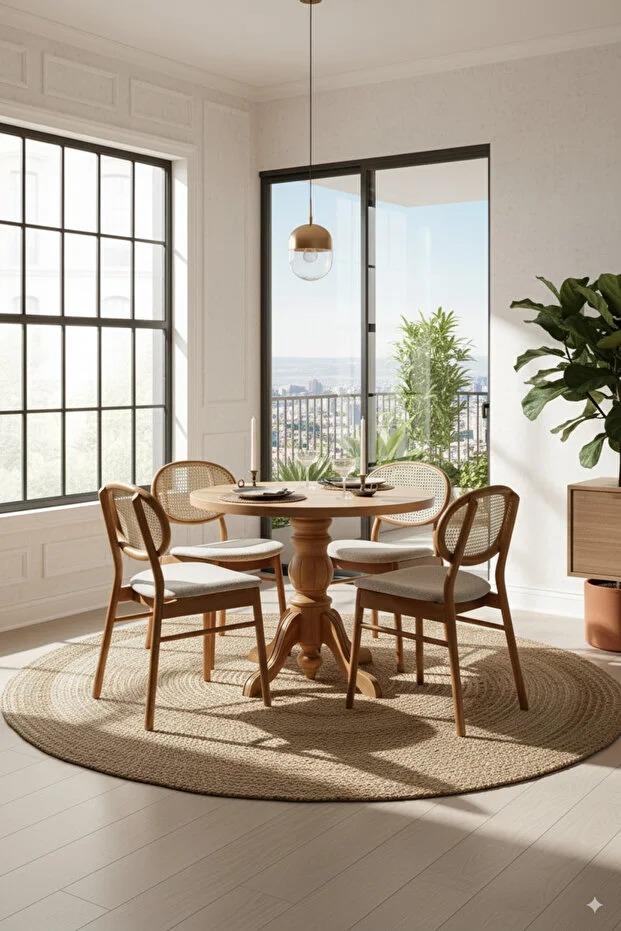 Woodenbend Pella Natural Ahşap Masa Takımı 90x90 – 4 Doğal Hazeranlı Kayın Sandalyeli