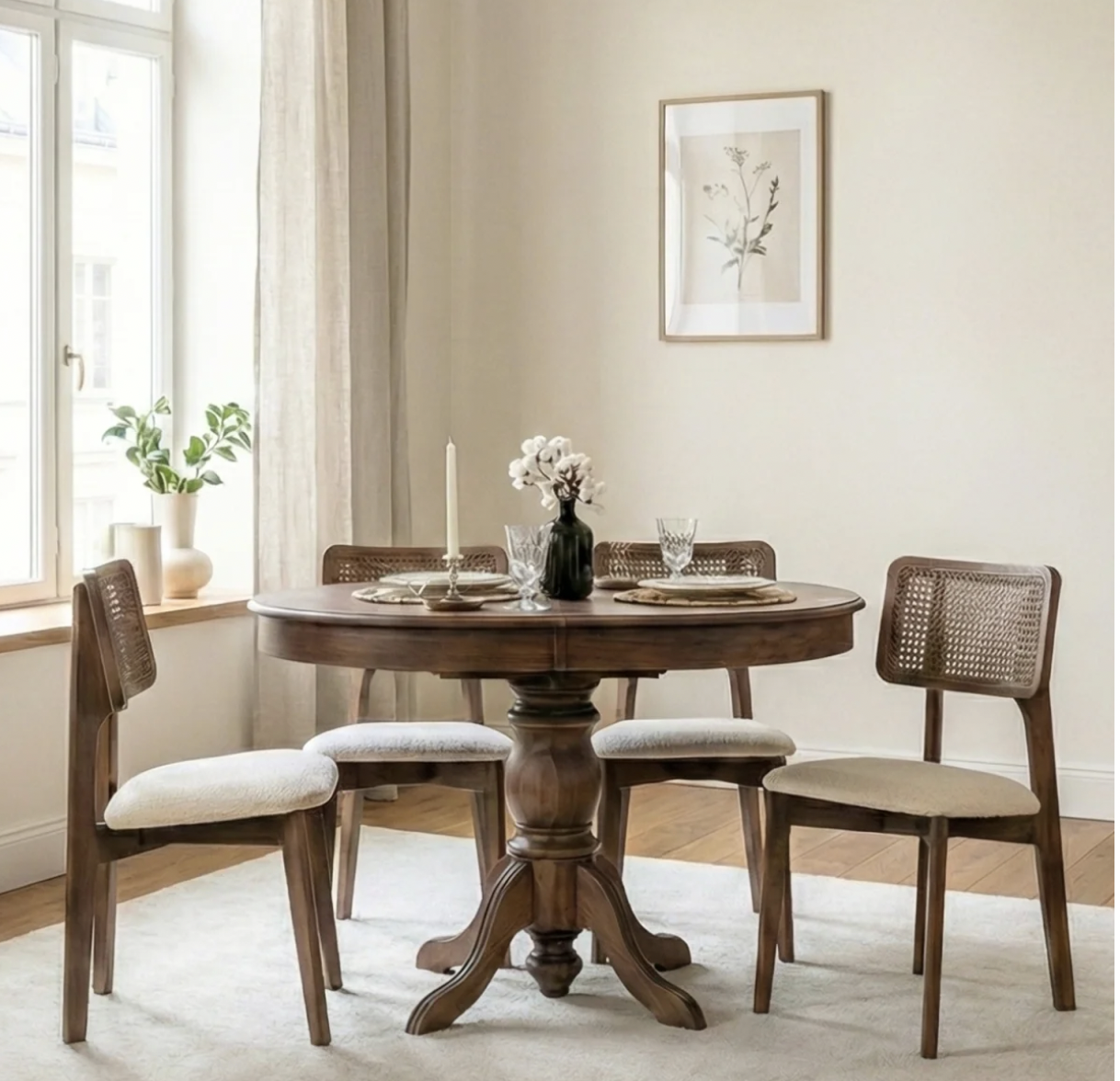 Woodenbend Rosense Açılır Masa Takımı Ceviz Rengi 100x100–130 cm 4 Döşemeli Sandalye Modern İskandinav