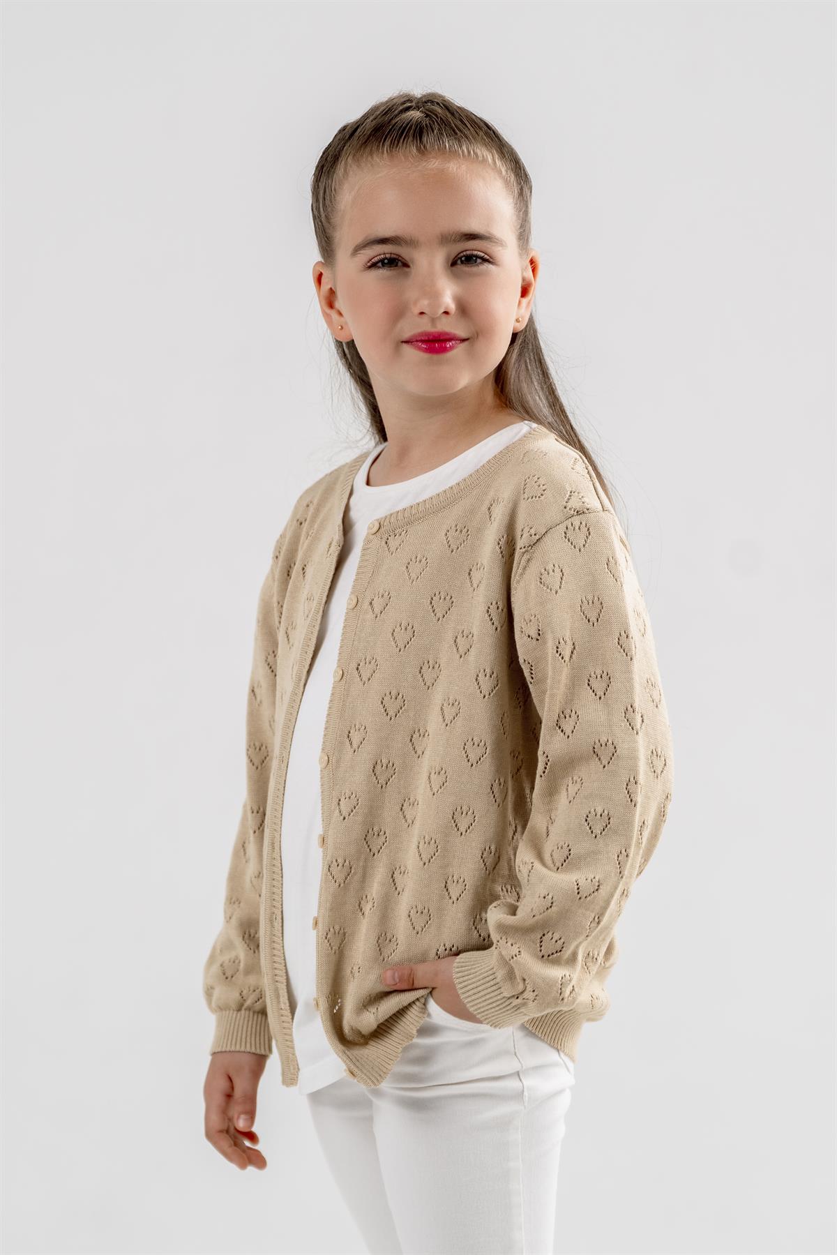 BEJ Kız Çocuk Şık Triko Kalp Ajur Hırka 5-8 Yaş