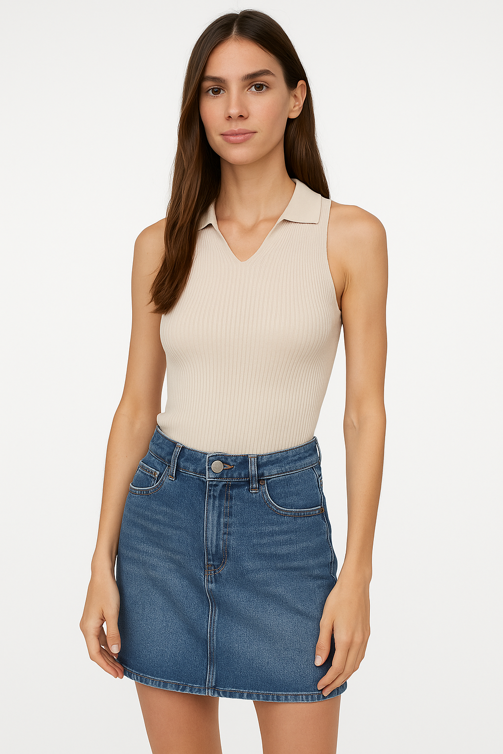 Kadın Polo Yaka Fitilli Triko Body BEJ