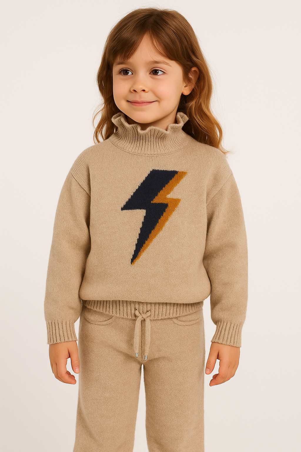 Kız Çocuk Triko Bej Şimşek Desen Pantolonlu Takım